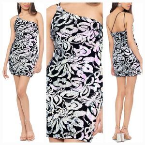 New BLONDIE NITES Jr (15) Black Velvet & Sequins One shoulder Mini Dress $149